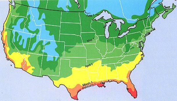 Map showing the last expected frost dates in the United States