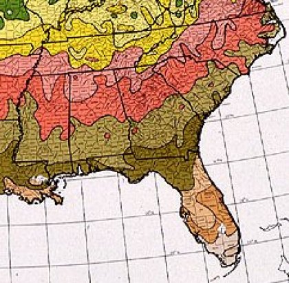 Hardiness Zone Map of the Southeastern U.S. States