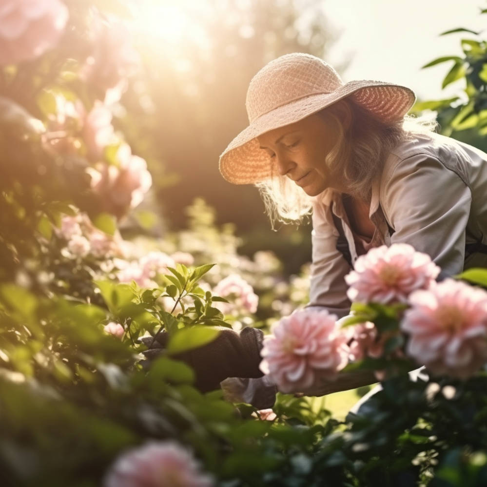 A woman working in garden with flowers